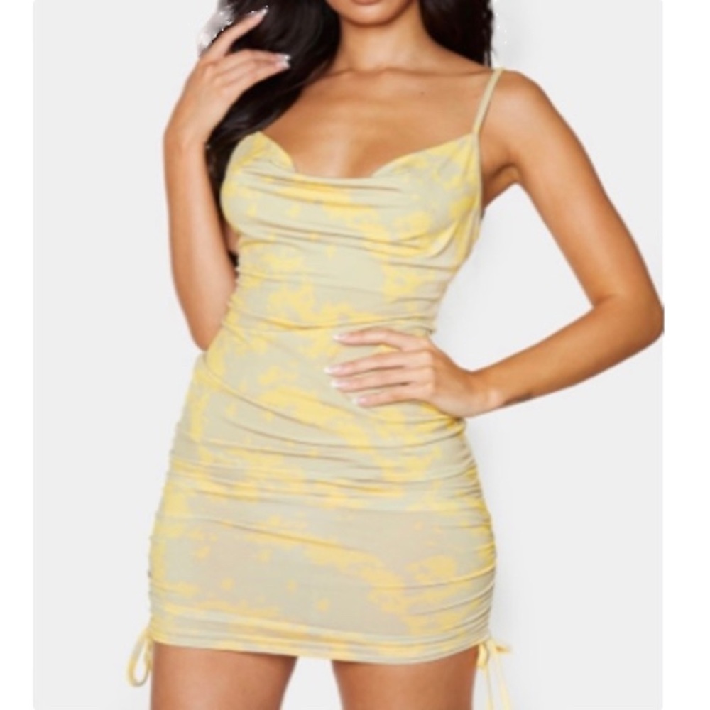 PrettyLittleThing Multi Tie Dye Slinky Cowl Neck Ruched Sides Bodycon Dress 4